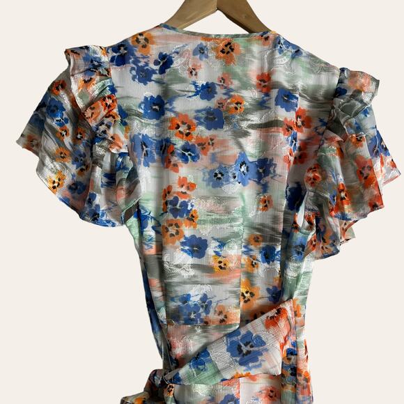 Tanya Taylor Bailey Floral Print Ruffled Wrap Mini Dress Size 2 - Picture 13 of 14